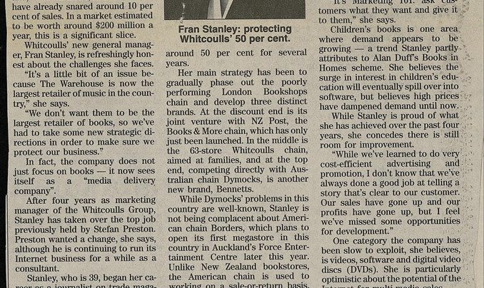 “Whitcoulls: more than just books in market share war” article by Karyn Scherer, New Zealand Herald, 27th May 1999