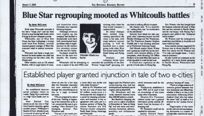“Blue Star regrouping mooted as Whitcoulls battles”, National Business Review, 17th March 2000