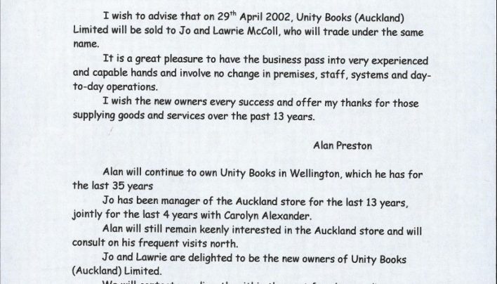 Jo & Lawrie McColl buy Unity Books Auckland, 29th April 2002