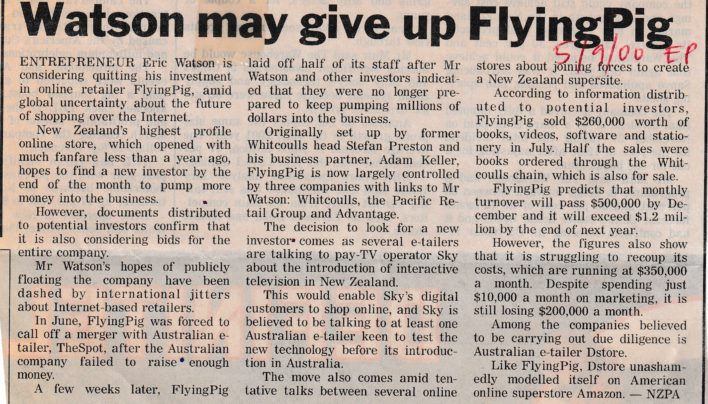 Flying Pig Evening Post article, 5th September 2000