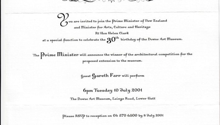 Dowse Art Museum 30th Birthday Invitation, 10th July 2001