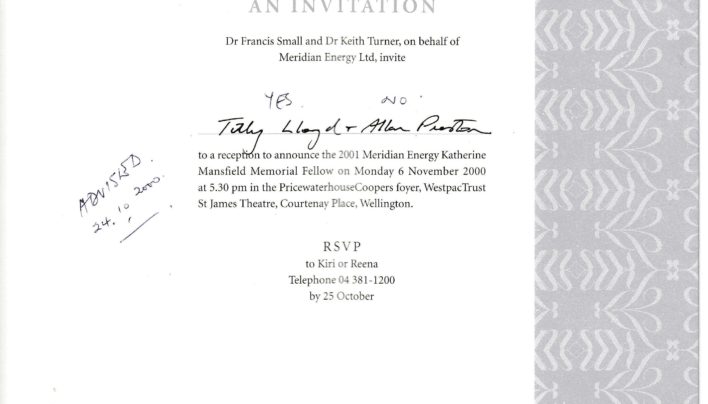 Katherine Mansfield Fellow invitation, 22nd November 2001
