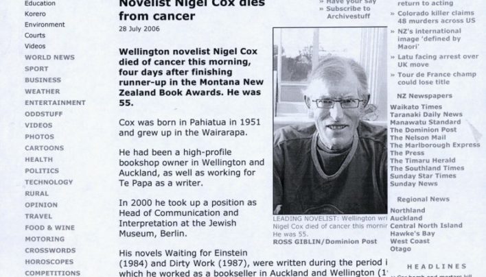 Nigel Cox death notice, Stuff website, 28th July 2006