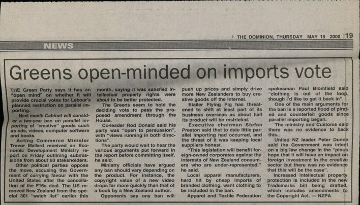“Greens open-minded on imports vote”, The Dominion, 18th May 2000