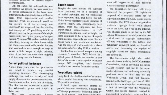 “Bringing it in: the NZ parallel importing debate”, Australian Bookseller & Publisher magazine, 1st March 2001