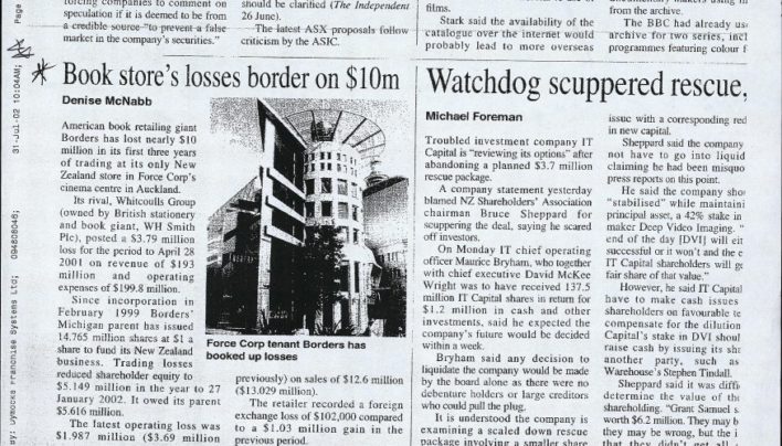 “Book store’s losses border on $10m” article, Denise McNabb, 31st July 2002