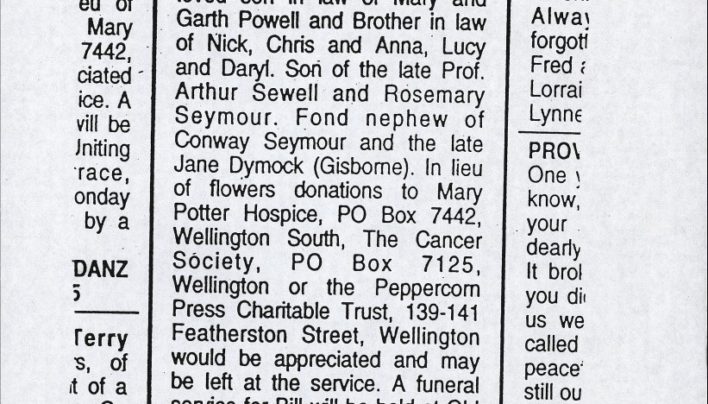 Bill Sewell’s death notice, 29th January 2003
