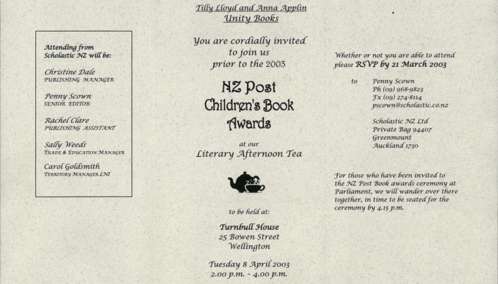 NZ Post Children’s Book Awards Invitation, 8th April 2003