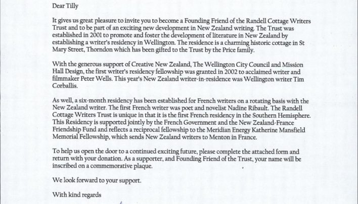 Randell Cottage Writers Trust letter, 30th March 2004