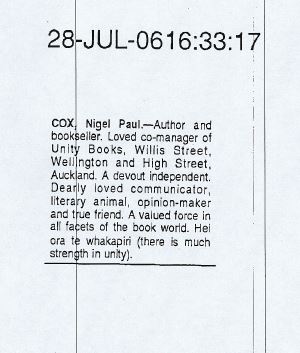 Nigel Cox dies, 28th July 2006