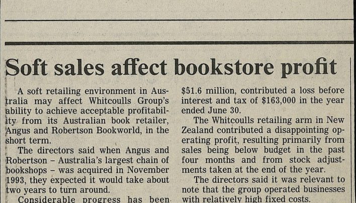 “Soft sales affect bookstore profit” article, Evening Post, 4th October 1995