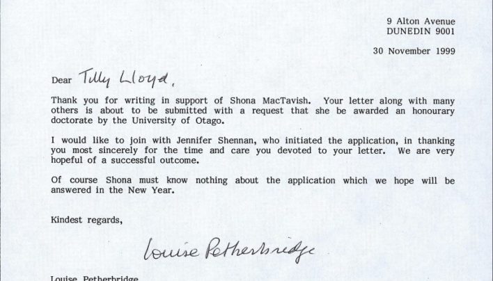 Shona McTavish nominated for honorary doctorate, 30th November 1999