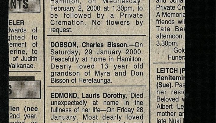 Death notices for Lauris Edmond, 31st January 2000