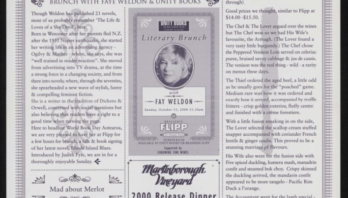 Literary Lunch with Fay Weldon, Brasserie Flipp newsletter, 15th October 2000