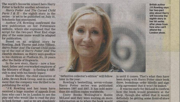 “Author conjures up 8th Potter book”, Dominion Post, 12th February 2016